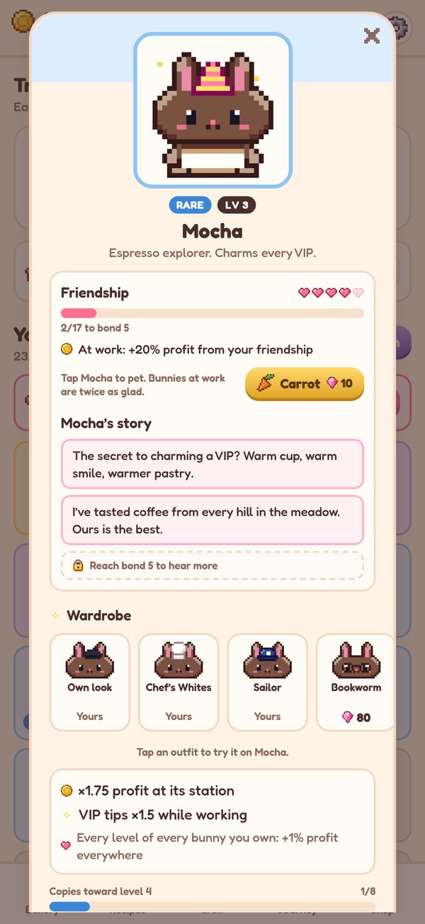 Mocha in a party hat, with friendship hearts, story lines and the wardrobe